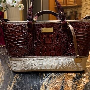 Brahmin Brown and Cream Croc-Embossed Satchel